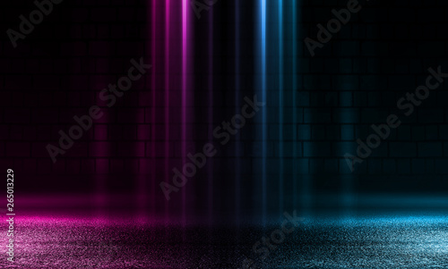 Empty scene background. Brick wall with multicolored neon lights and smoke. Neon shapes on a dark background. Dark abstract background