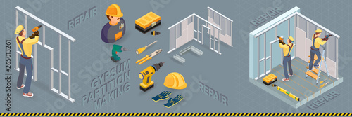 Isometric interior repairs concept. The Repairer is laying tile.