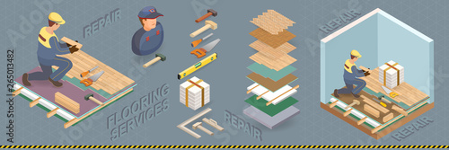 The construction worker is laying parquet. Vector isometric  illustration.