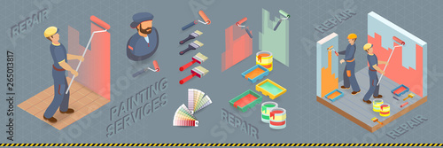 Painting services. Isometric building concept. Worker, equipment