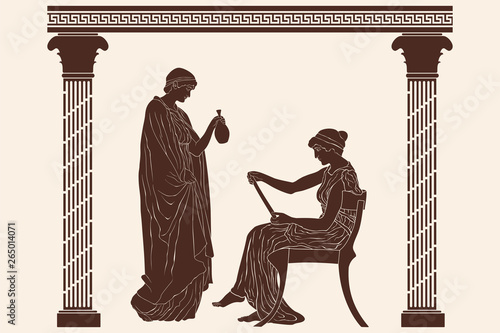 A woman in a tunic with a jug is standing in front of a sitting woman with papyrus. Vector image in ancient greek style.
