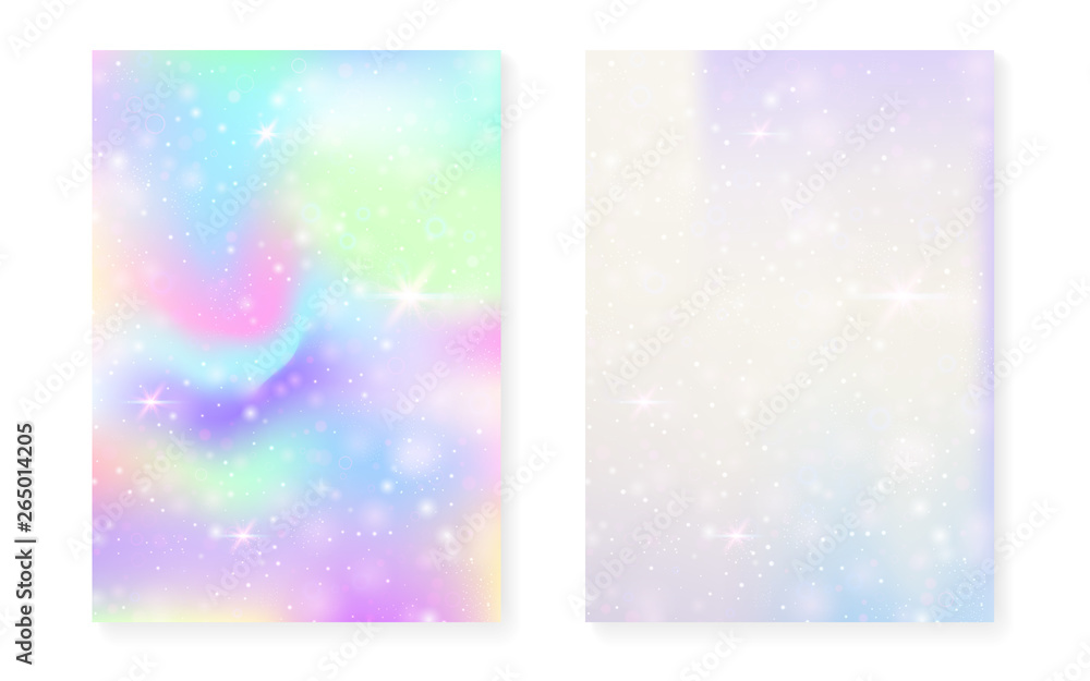 Rainbow background with kawaii princess gradient. Magic unicorn hologram.