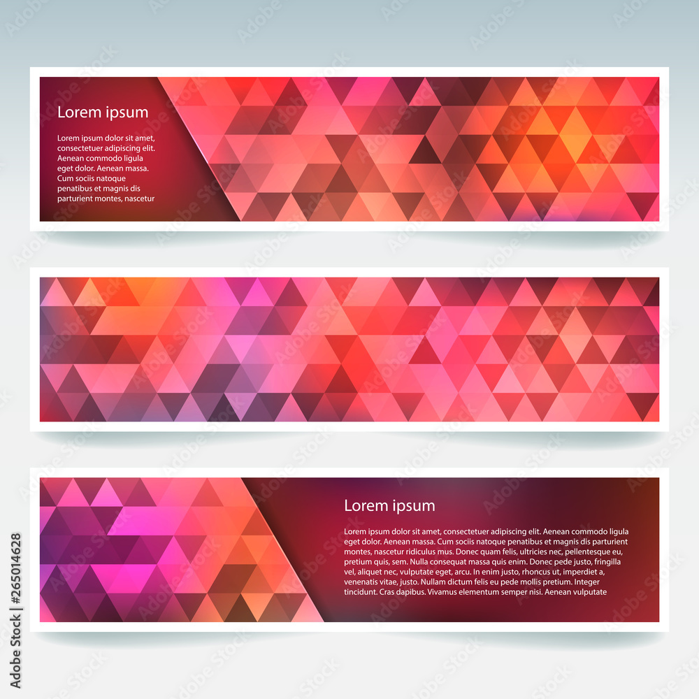 Abstract banner with business design templates. Set of Banners with polygonal mosaic backgrounds. Geometric triangular vector illustration. Pink, orange colors. Abstract banner with business design templates. Set of Banners with polygonal mosaic backgrounds. Geometric triangular vector illustration. Pink, orange colors.