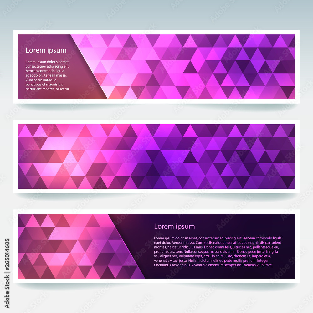 Abstract banner with business design templates. Set of Banners with polygonal mosaic backgrounds. Geometric triangular vector illustration. Pink, purple colors. Abstract banner with business design templates. Set of Banners with polygonal mosaic backgrounds. Geometric triangular vector illustration. Pink, purple colors.
