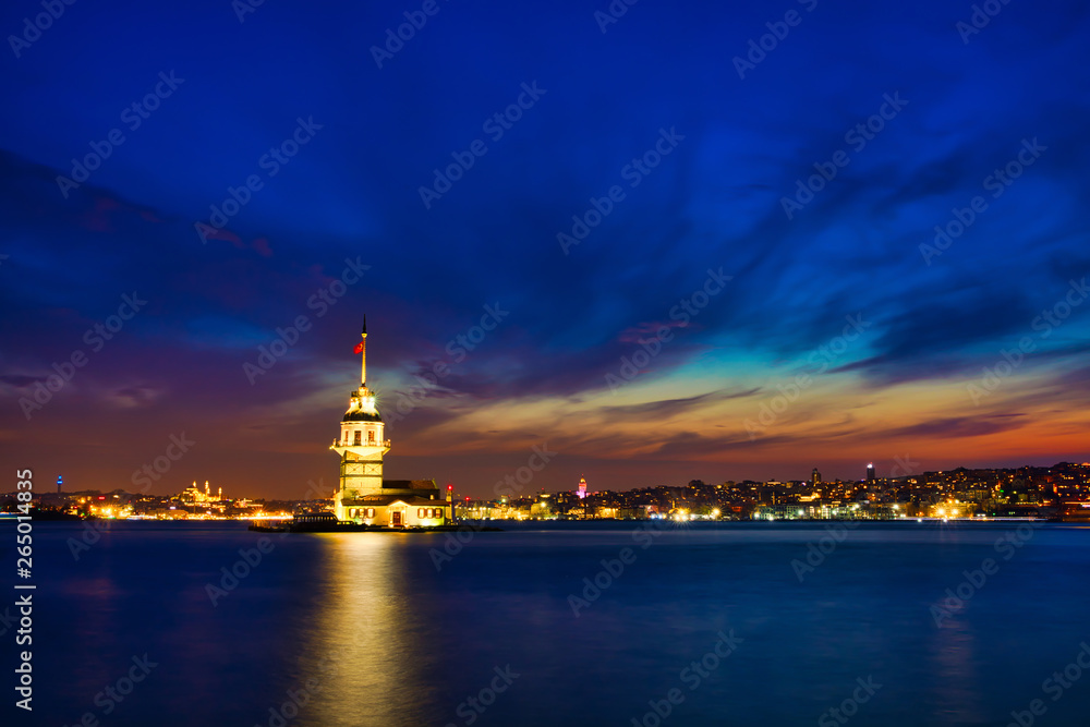 View of the Maiden Tower in Istanbul City of Turkey. Historical Tower and sunset at Bosphorus.