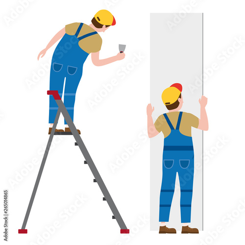 Workers put plaster on a stepladder, installing gypsum plasterboard panels in the interior