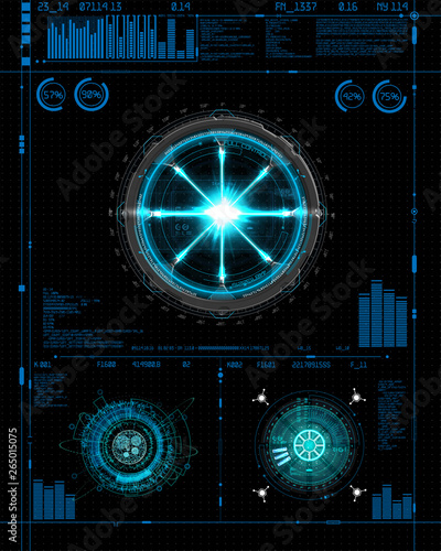 Head-Up Interface set for GUI, UI, UX design. HUD style, Technology elements set (space, dashboard, hologram, spaceship, medicine, finance, analytics) View from the cockpit spaceship HUD UI style