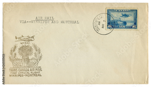 Winnipeg  Montreal  Canada  - 2 March 1939  canadian historical envelope  cover with cachet trans canada air mail first official flight blue postage stamp steamer and hydroplane  six cents  postal can