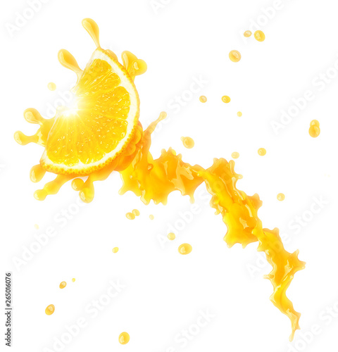 Fresh ripe orange slice and juice or smoothie splash swirl. Tasty juice splashing, orange juice isolated. Liquid healthy food or drink tropical fruit design element. 3D render