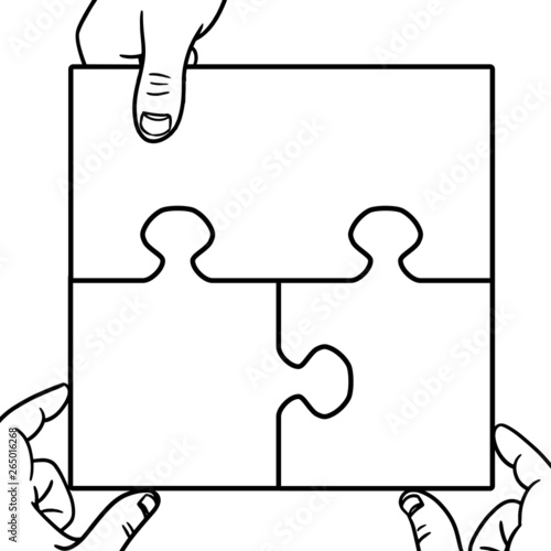 three hands putting together a puzzle. vector illustration for teambuilding in black and white