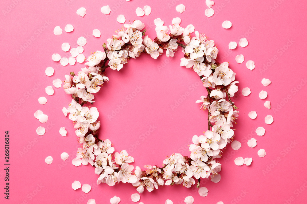 beautiful pink peach blossom frame. flowering peach tree on a pink background. Blooming peach.