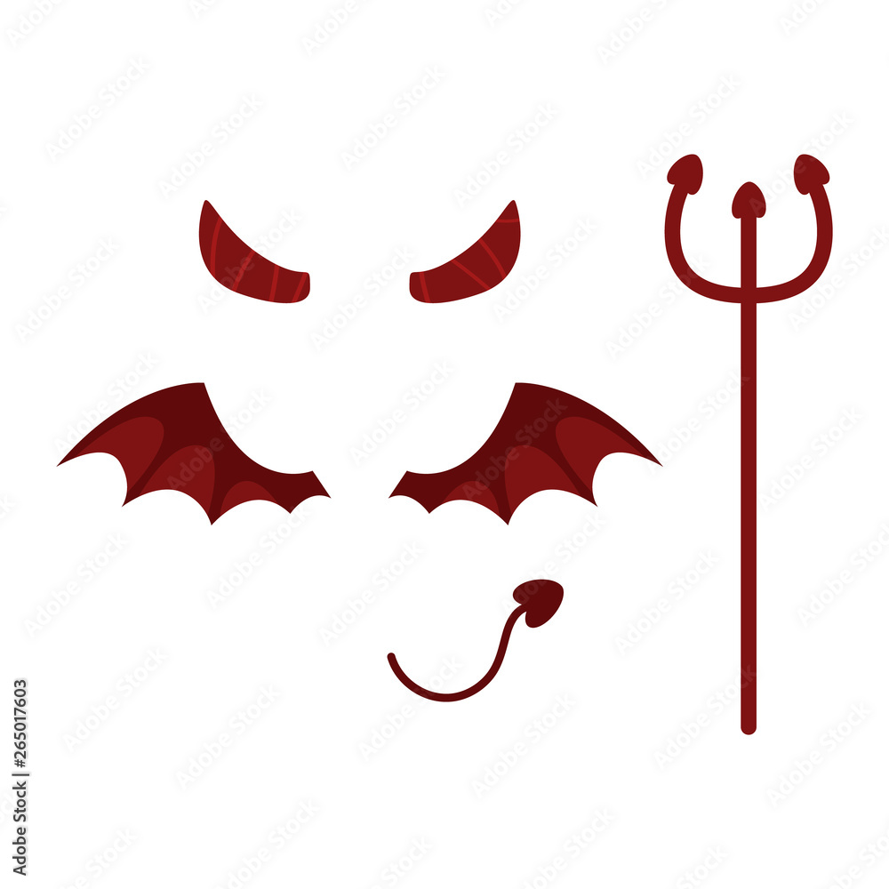 A collection of items for devil. Horns, wings, tail, trident isolated on  white background. Vector illustration in cartoon style. Flat Stock Vector |  Adobe Stock