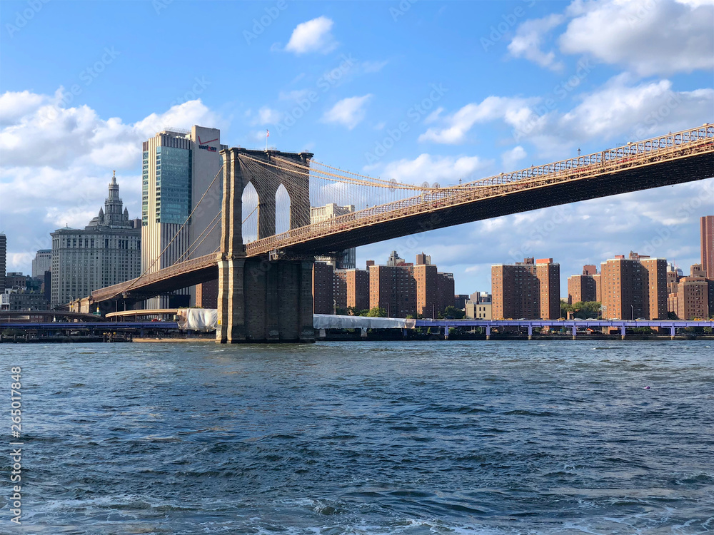 View of Brooklyn Bridge and Manhattan skyline - New York City downtown. New York City - Stunning panoramic view of Brooklyn and Manhattan Bridge with skyline.