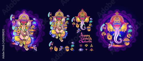 Hindu God Ganesha. Set of Lord Ganesh elements. Vector.