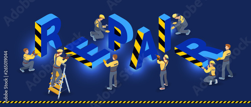 Builders installed Isometric letters Repair. Vector flat 3d illustration.