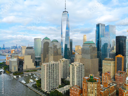 Stunning aerial view of Manhattan Skyline, with World Trade Center, New York, USA. Panoramic skyline with skyscrapers and financial district and Hudson river, New York, USA