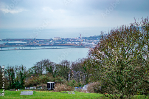 The dover sea port below and above are green grass slopes