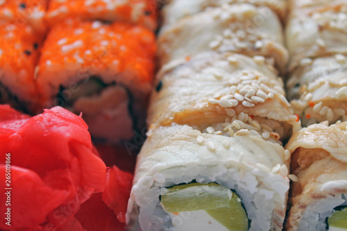 Fresh Japanese rolls with ginger close-up