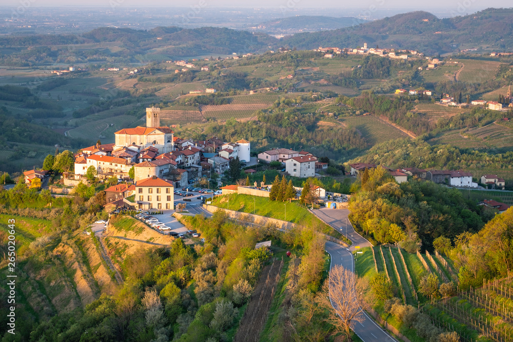 Village Smartno between vineyards in wine region Brda in Slovenia - obrazy, fototapety, plakaty 