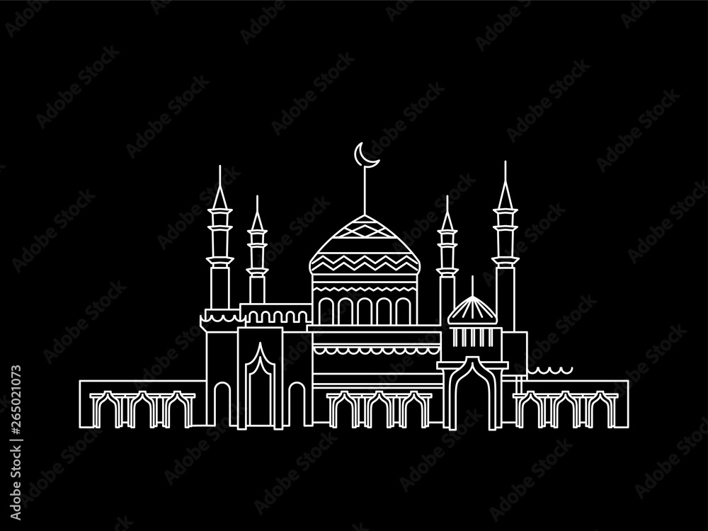 Silhouette of Mosque with Minarets and Crescent on black background. Lineart black and white for Islamic holiday, for celebration Mawlid, birthday of prophet Muhammad, Ramadan Kareem, Eid Mubarak