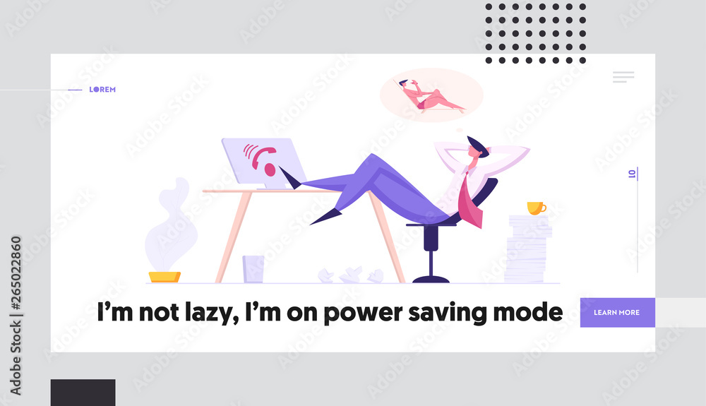 Online Technical Support 24/7 Service Banner. Hotline Lazy Operator Character Relaxing Dreaming about Vacation. Customer Service Call Center Concept. Assistant Takes a Break Landing Page. Vector