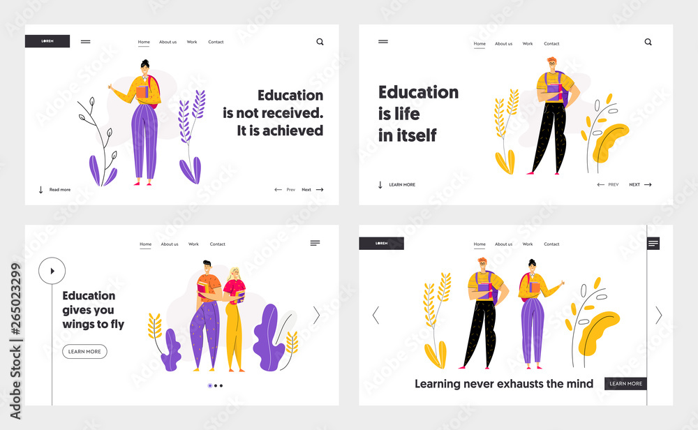 Happy Student Characters with Books Landing Page. Male and Female People Students with Textbook. Education Graduation Concept for Banner, Website, Web Page. Vector flat cartoon illustration