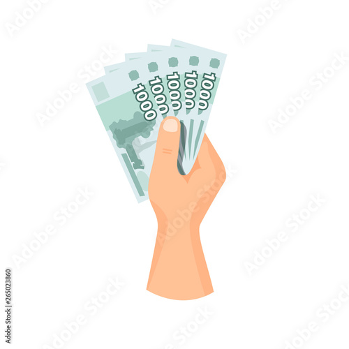 Hand give / take paper money banknote 1000 rubles, vector business illustration