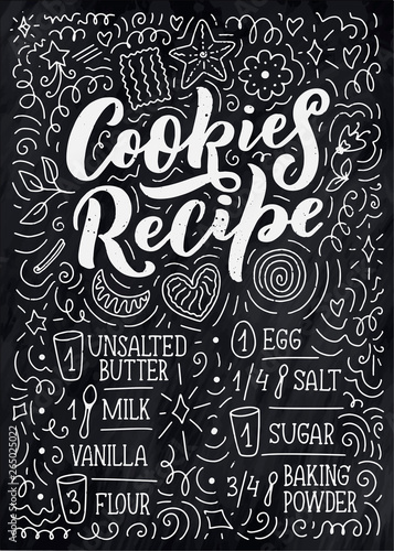 Lettering with cookies recipe. Delicious poster. Concept design. Vector illustration. Funny christmas text. Bakery card.