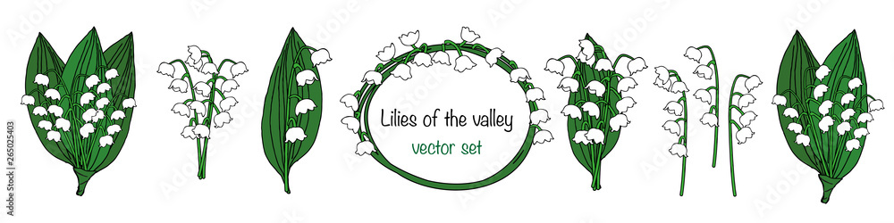 Lilies of the valley vector set - obrazy, fototapety, plakaty 