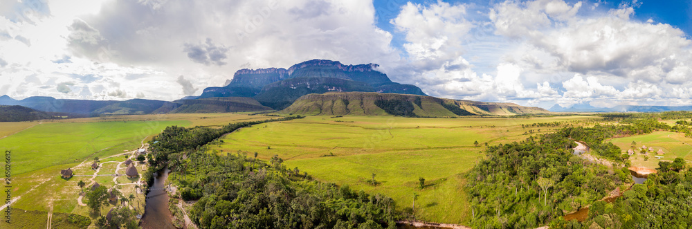 Auyan Tepui panoramic view from Uruyen indigeous camp. Bolivar State, Venezuela
