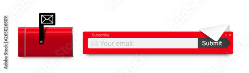 Subscribe menu. Red mail box with envelope. Vector illustration isolated on white background. Ready for your design. EPS10.	