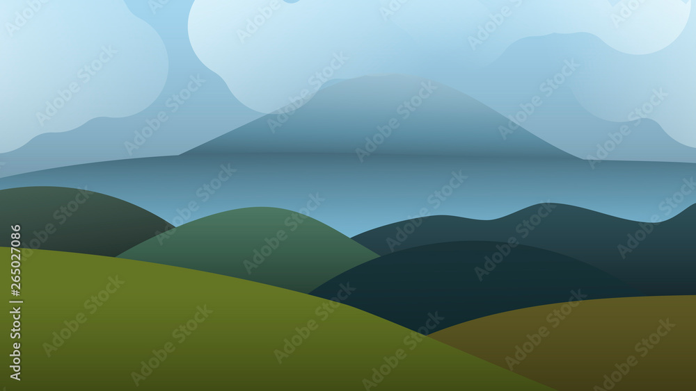 Rural landscape with hills, lake, clouds and mountain in the style of flat. Vector illustration. Background