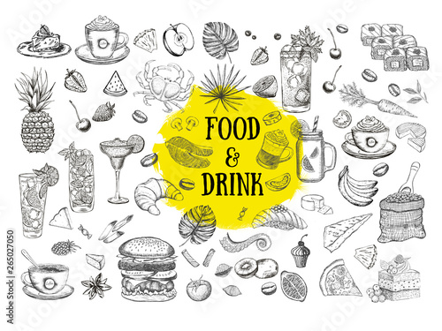 Vector set with food and drink hand drawn. 
