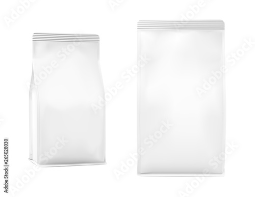 Quad seal bag with vertical gussets. Frontal and perpective view. High realistic detail. Ready for your design. Suite for the presentation of coffee, food, for pets, household, etc. EPS10.