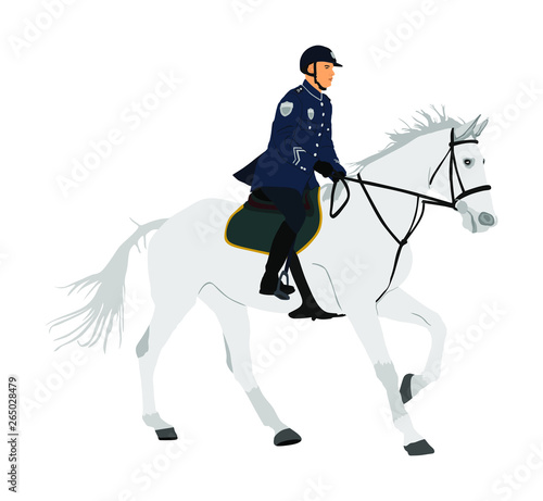 Elegant horse with jockey vector illustration isolated on white background. Police man riding horse. Hippodrome sport event. Police mounted officer for crowd control situation protest policemen patrol