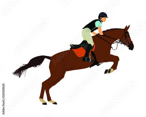 Elegant racing horse in gallop vector illustration isolated on white background. Jockey riding horse. Hippodrome sport event. Entertainment gambling. Equestrian rider in jumping over barrier show. © dovla982