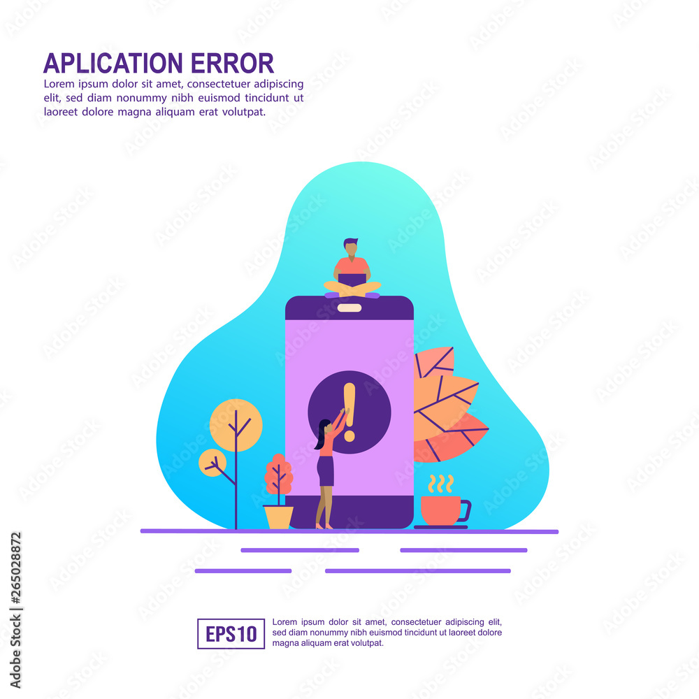 Vector illustration concept of application error. Modern illustration conceptual for banner, flyer, promotion, marketing material, online advertising, business presentation Vector illustration concept of application error. Modern illustration conceptual for banner, flyer, promotion, marketing material, online advertising, business presentation
