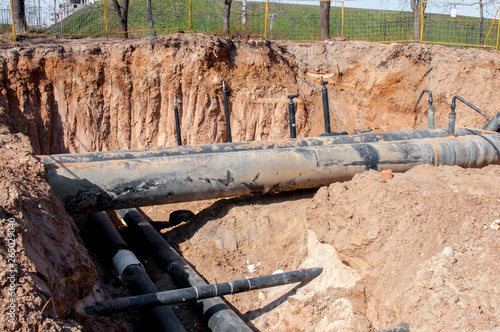 Pipes and cables. Repair of communications. Water supply, electricity, Sewerage. Excavated roads in the city.