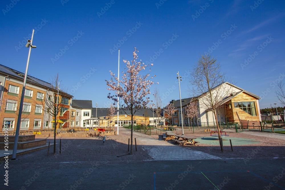 Beautiful view of empty outdoor activity school place. Europe. Sweden. Uppsala.