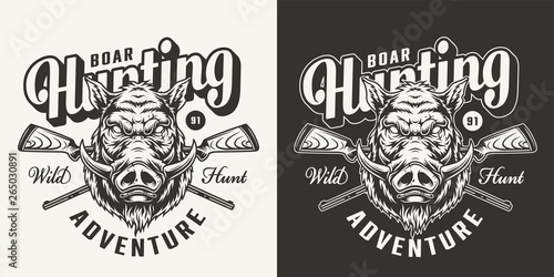 Vintage monochrome boar hunting emblem