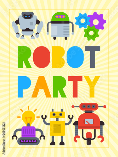 Robot waving, robotic dog friend design for kid party poster vector illustration. Happy birthday party welcome. Celebration. Futuristic artificial intelligence technology.