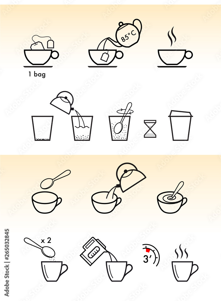 Set of methods of brewing tea and coffee. Preparation instructions. Vector elements for infographics. Sign for detailed guideline. Ready for your design. EPS10.