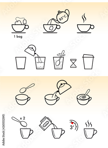 Set of methods of brewing tea and coffee. Preparation instructions. Vector elements for infographics. Sign for detailed guideline. Ready for your design. EPS10.