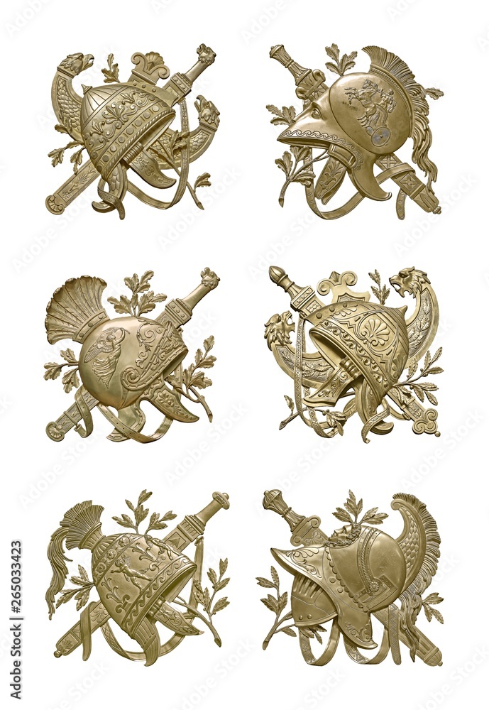 Set of golden decorative elements of the interior with the image of the helmet from the ancient Greek myth. The element is isolated on white background
