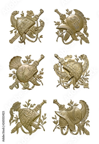 Set of golden decorative elements of the interior with the image of the helmet from the ancient Greek myth. The element is isolated on white background