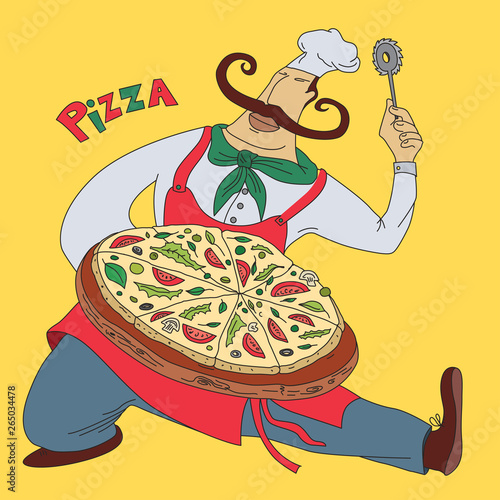 Chief with vegetarian Pizza Cartoon (Vector Art)