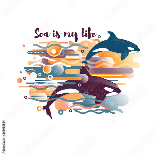 Vector image of orca, killer whale and sea fauna. A vivid abstraction of pattern