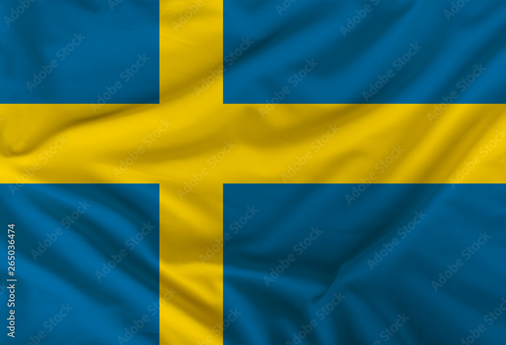 Swedish colored flag depicted on silk fabric with soft folds Swedish colored flag depicted on silk fabric with soft folds