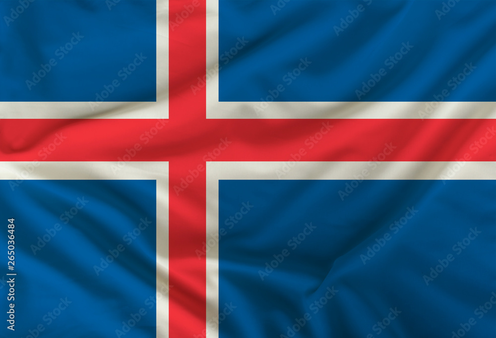 Fototapeta premium national flag of iceland on silk fabric with soft folds, background