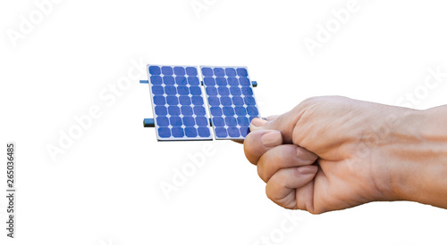 Holding a solar panel photovoltaic on white background. photo